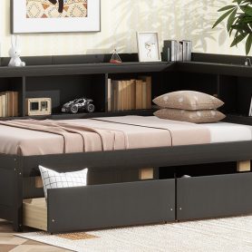 Twin Size L-shaped Bookcases Bed with Power Outlets, USB Charging Ports,Two Drawers