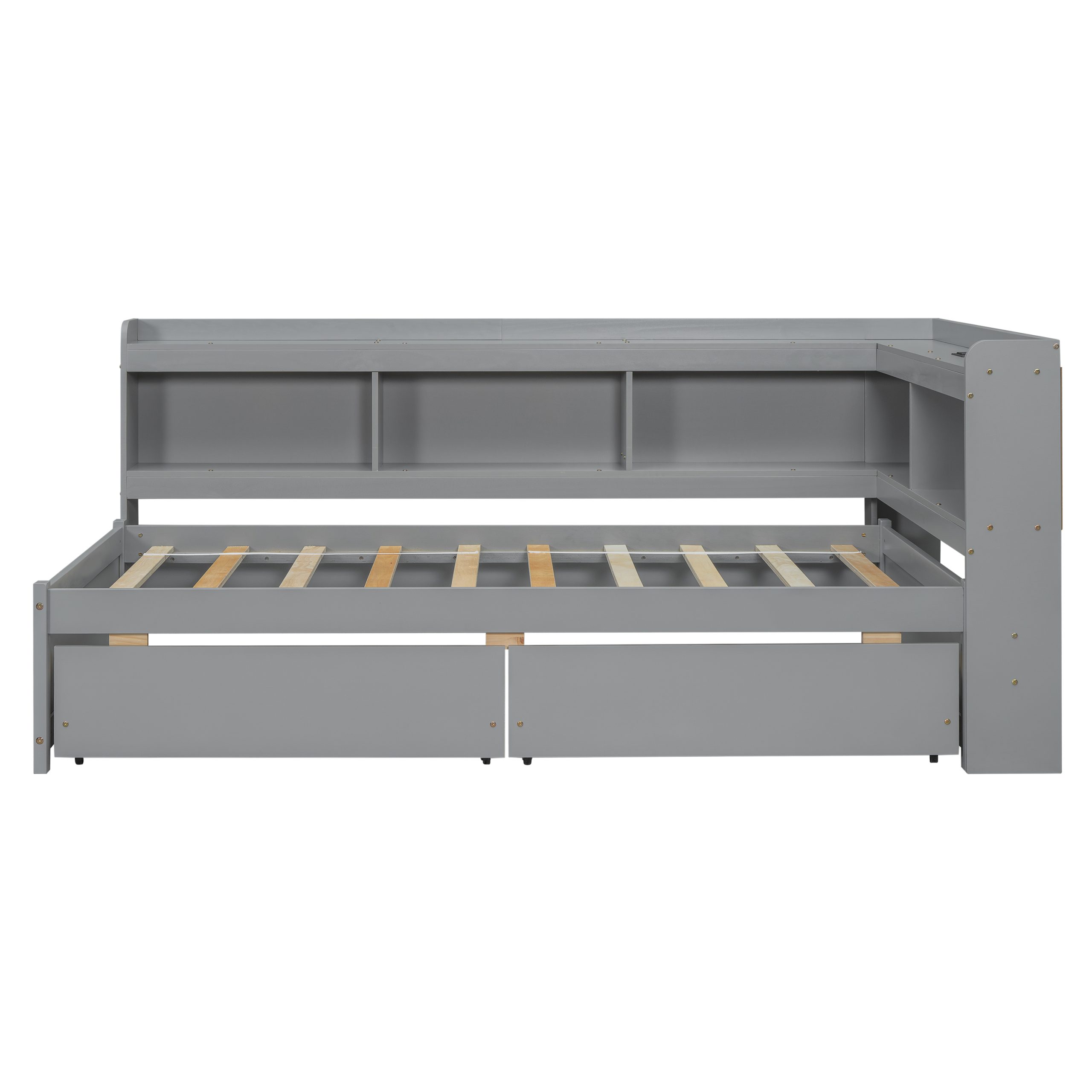 Twin Size L-Shaped Bookcases Bed with Power Outlets, USB Charging Ports, Two Drawers 13 Twin Size L-Shaped Bookcases Bed with Power Outlets, USB Charging Ports, Two Drawers