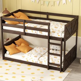 Twin over Twin Floor Bunk Bed with Panelled Headboard and Footboard