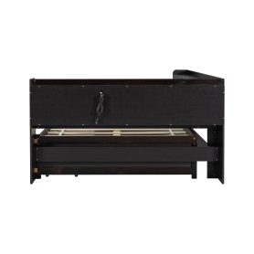 Full Size L-Shaped Bookcases Bed With Power Outlets, USB Charging Ports, Two Drawers