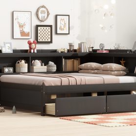 Full Size L-Shaped Bookcases Bed With Power Outlets, USB Charging Ports, Two Drawers