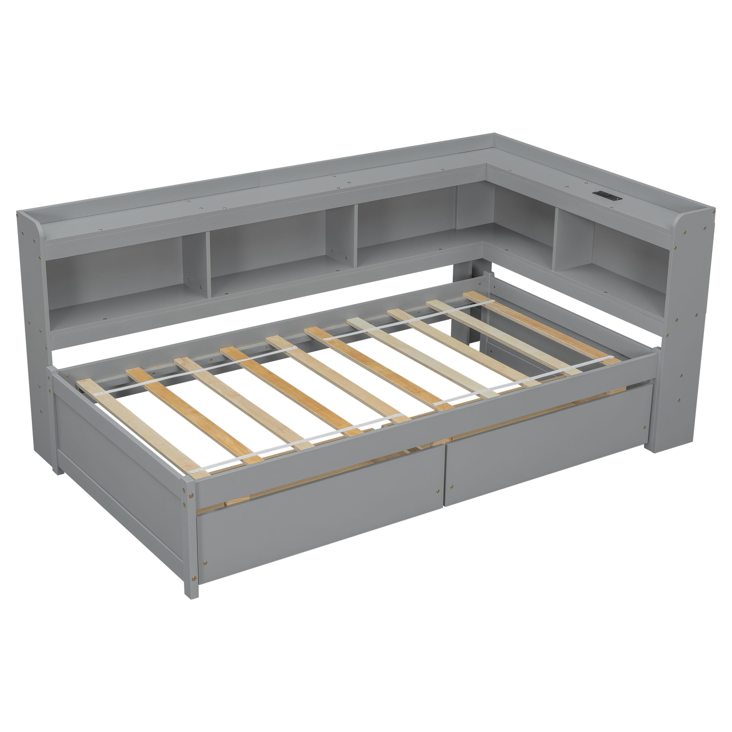 Twin Size L-Shaped Bookcases Bed with Power Outlets, USB Charging Ports, Two Drawers 12 Twin Size L-Shaped Bookcases Bed with Power Outlets, USB Charging Ports, Two Drawers