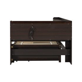 Twin Size L-shaped Bookcases Bed with Power Outlets, USB Charging Ports,Two Drawers