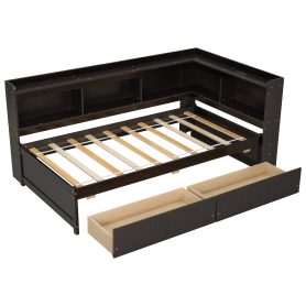 Twin Size L-shaped Bookcases Bed with Power Outlets, USB Charging Ports,Two Drawers