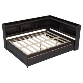 Full Size L-Shaped Bookcases Bed With Power Outlets, USB Charging Ports, Two Drawers