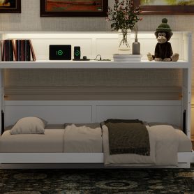 Twin XL Size Murphy Bed with Desk,LED Light and USB Charging Station