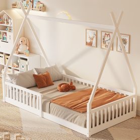 Twin Size Wood House Bed with Fence