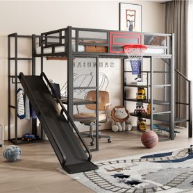 Full Size Metal Loft Bed with Built-in Desk, Open Wardrobe, Basketball hoop, Slide and Staircase