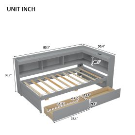 Twin Size L-Shaped Bookcases Bed with Power Outlets, USB Charging Ports, Two Drawers 52 Twin Size L-Shaped Bookcases Bed with Power Outlets, USB Charging Ports, Two Drawers