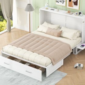 Queen Size Mobile Murphy Bed with Drawer and Little Shelves on Each Side