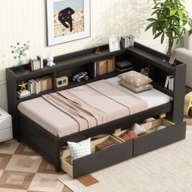 Twin Size L-shaped Bookcases Bed with Power Outlets, USB Charging Ports,Two Drawers