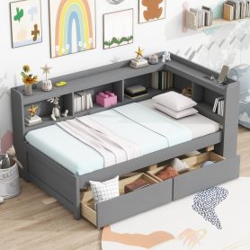 Twin Size L-Shaped Bookcases Bed with Power Outlets, USB Charging Ports, Two Drawers