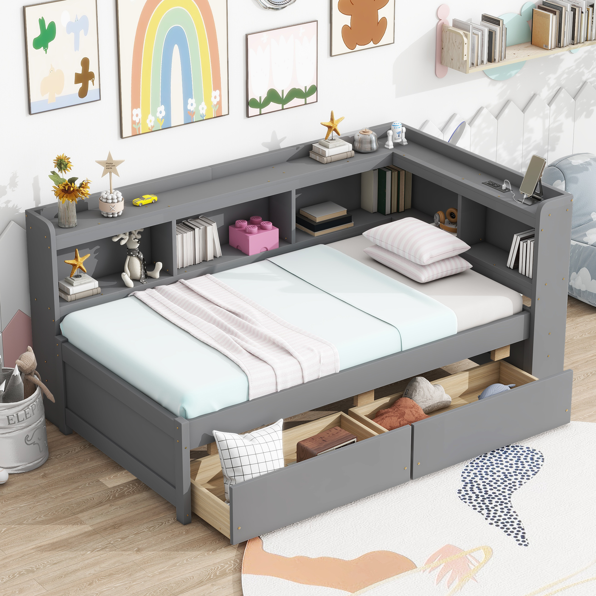 Twin Size L-Shaped Bookcases Bed with Power Outlets, USB Charging Ports, Two Drawers 3 Twin Size L-Shaped Bookcases Bed with Power Outlets, USB Charging Ports, Two Drawers