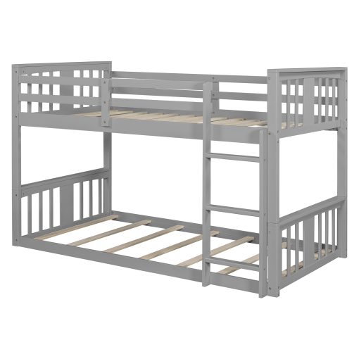 Solid Wood Low Twin Over Twin Bunk Bed with Ladder