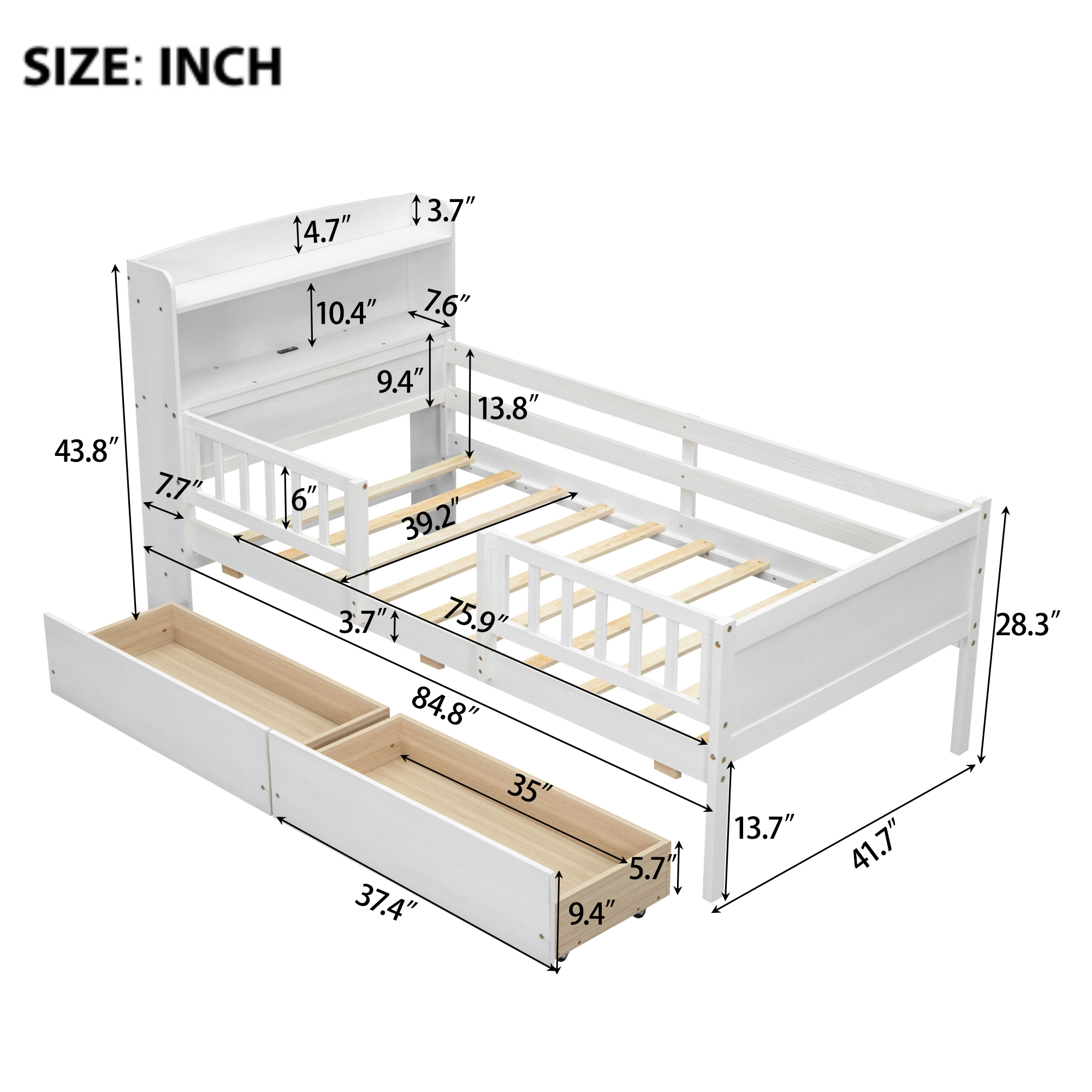 Wood Twin Size Platform Bed With Built-in Led Light, Multi-functional Headboard, Guardrail And 2 Drawers 12 Wood Twin Size Platform Bed With Built-in Led Light, Multi-functional Headboard, Guardrail And 2 Drawers