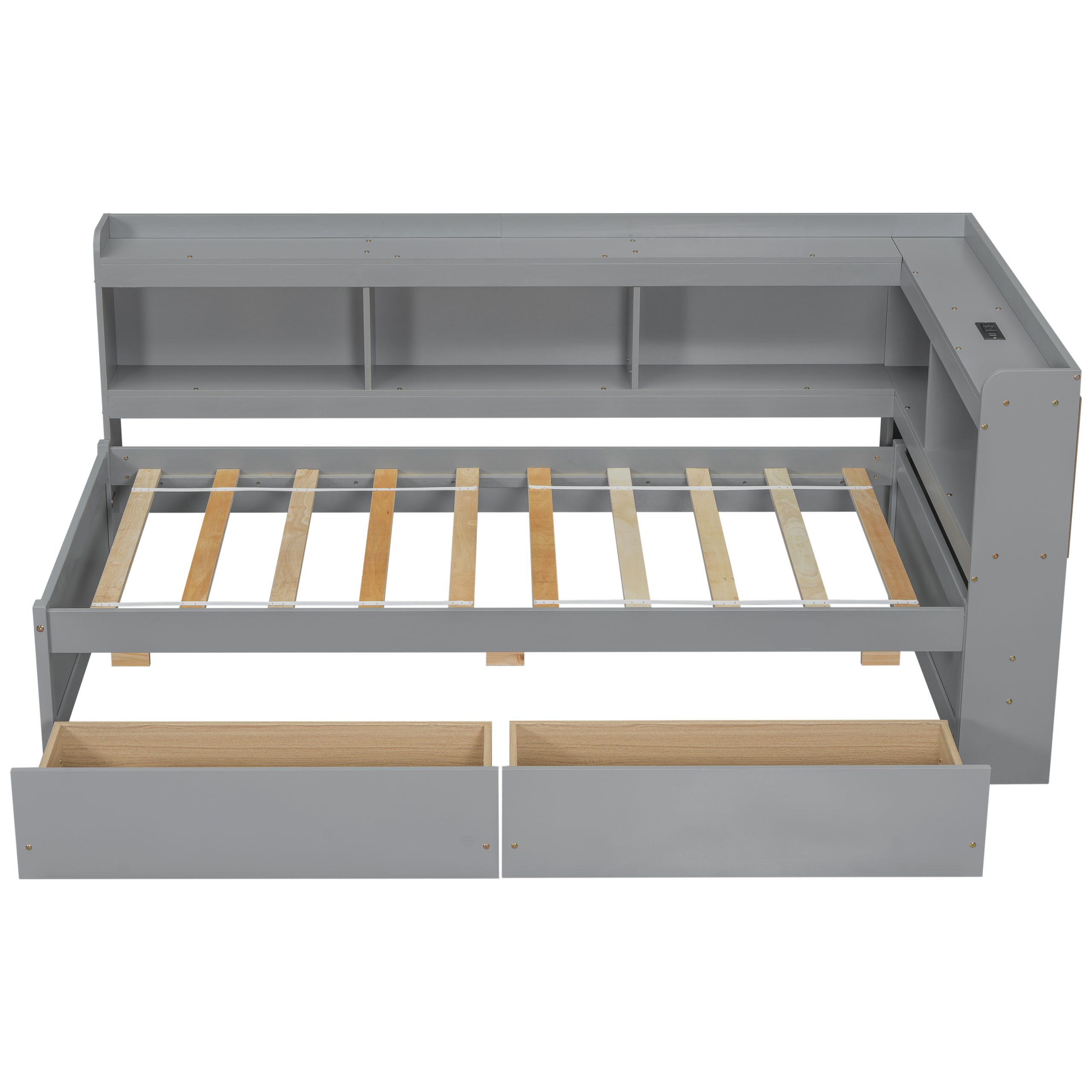 Twin Size L-Shaped Bookcases Bed with Power Outlets, USB Charging Ports, Two Drawers 9 Twin Size L-Shaped Bookcases Bed with Power Outlets, USB Charging Ports, Two Drawers