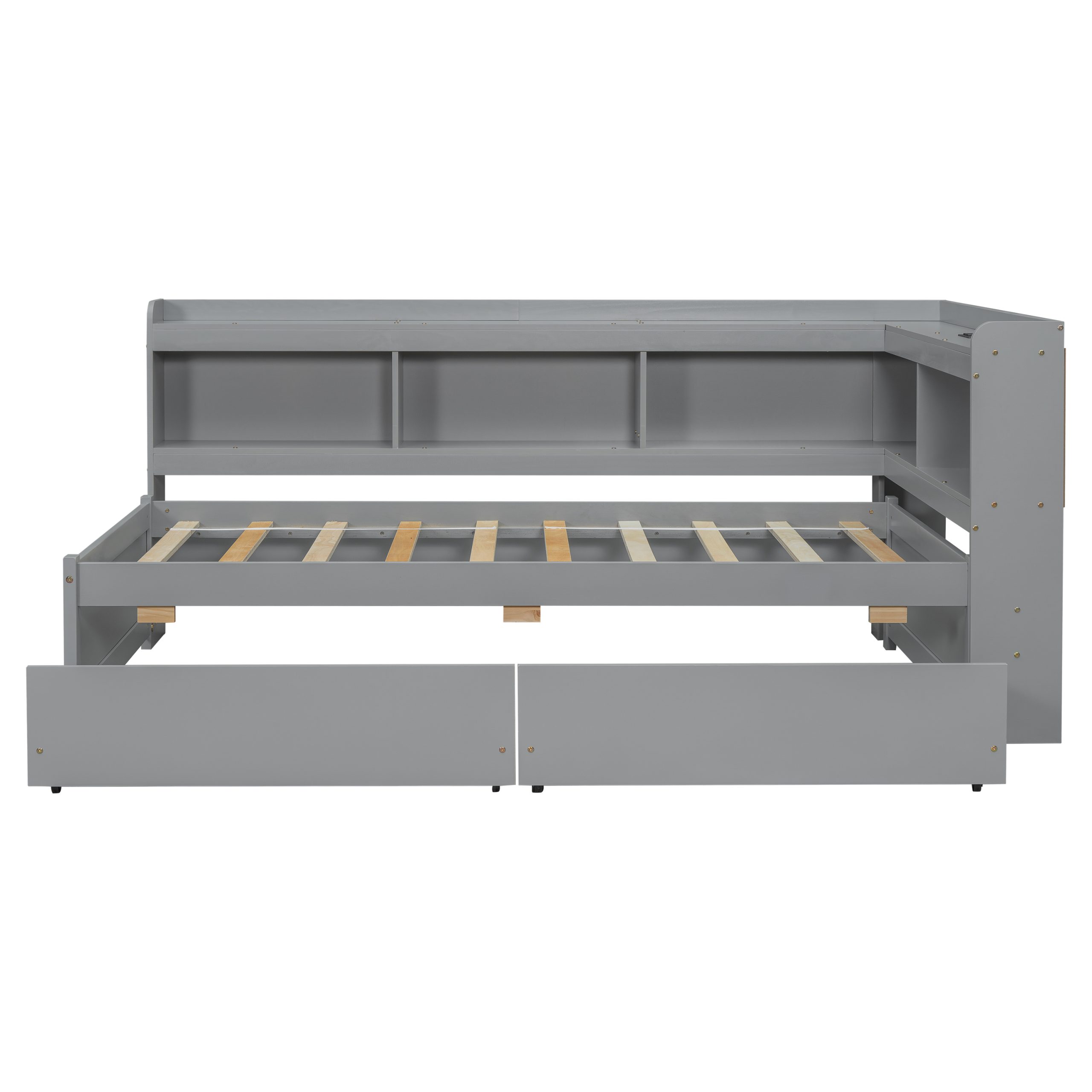 Twin Size L-Shaped Bookcases Bed with Power Outlets, USB Charging Ports, Two Drawers 15 Twin Size L-Shaped Bookcases Bed with Power Outlets, USB Charging Ports, Two Drawers