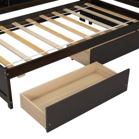 Twin Size L-shaped Bookcases Bed with Power Outlets, USB Charging Ports,Two Drawers