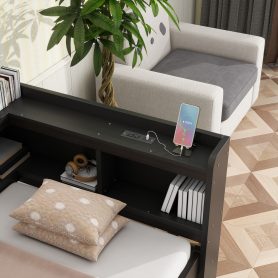 Twin Size L-shaped Bookcases Bed with Power Outlets, USB Charging Ports,Two Drawers