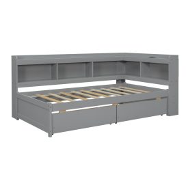 Twin Size L-Shaped Bookcases Bed with Power Outlets, USB Charging Ports, Two Drawers 37 Twin Size L-Shaped Bookcases Bed with Power Outlets, USB Charging Ports, Two Drawers