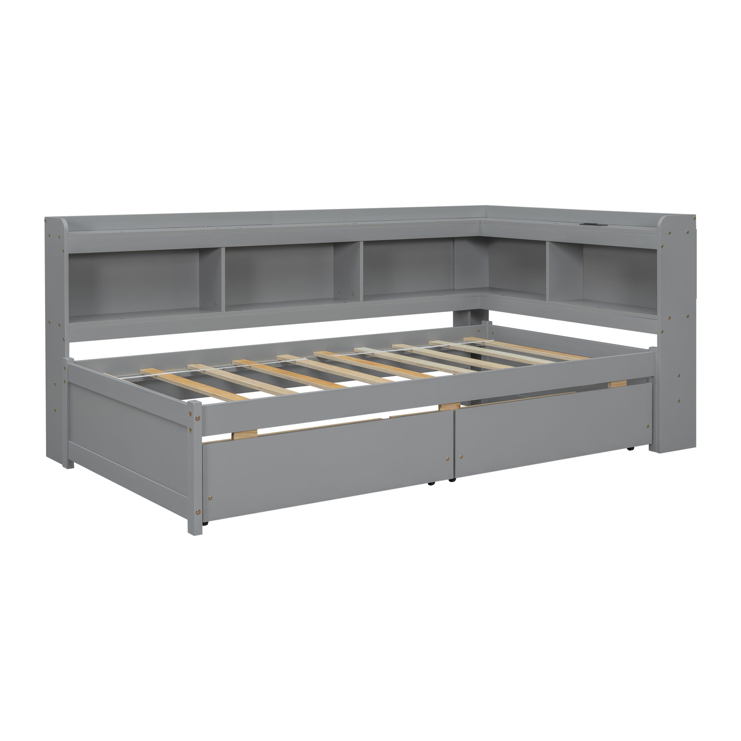 Twin Size L-Shaped Bookcases Bed with Power Outlets, USB Charging Ports, Two Drawers 10 Twin Size L-Shaped Bookcases Bed with Power Outlets, USB Charging Ports, Two Drawers