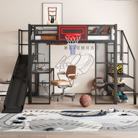Full Size Metal Loft Bed with Built-in Desk, Open Wardrobe, Basketball hoop, Slide and Staircase