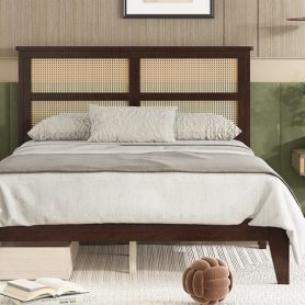 Full Size Platfrom Bed with Rattan Headboard, Two Storage Drawers