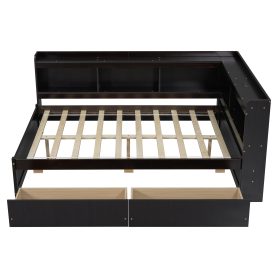Full Size L-Shaped Bookcases Bed With Power Outlets, USB Charging Ports, Two Drawers