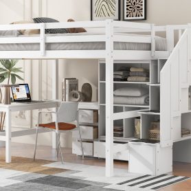 Full Size Loft Bed with L-Shaped Desk and Drawers, Cabinet and Storage Staircase