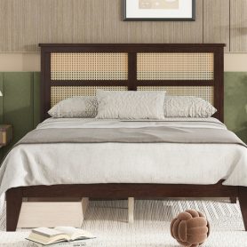 Full Size Platfrom Bed with Rattan Headboard, Two Storage Drawers