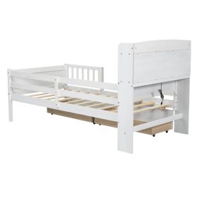 Wood Twin Size Platform Bed With Built-in Led Light, Multi-functional Headboard, Guardrail And 2 Drawers 35 Wood Twin Size Platform Bed With Built-in Led Light, Multi-functional Headboard, Guardrail And 2 Drawers