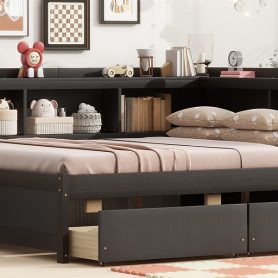 Full Size L-Shaped Bookcases Bed With Power Outlets, USB Charging Ports, Two Drawers