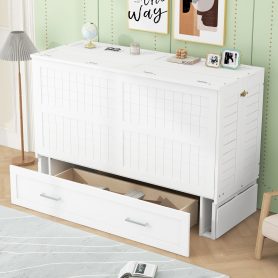 Queen Size Mobile Murphy Bed with Drawer and Little Shelves on Each Side