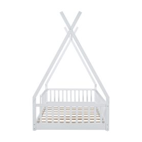 Twin Size Wood House Bed with Fence