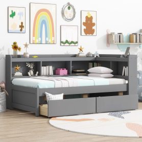 Twin Size L-Shaped Bookcases Bed with Power Outlets, USB Charging Ports, Two Drawers 45 Twin Size L-Shaped Bookcases Bed with Power Outlets, USB Charging Ports, Two Drawers