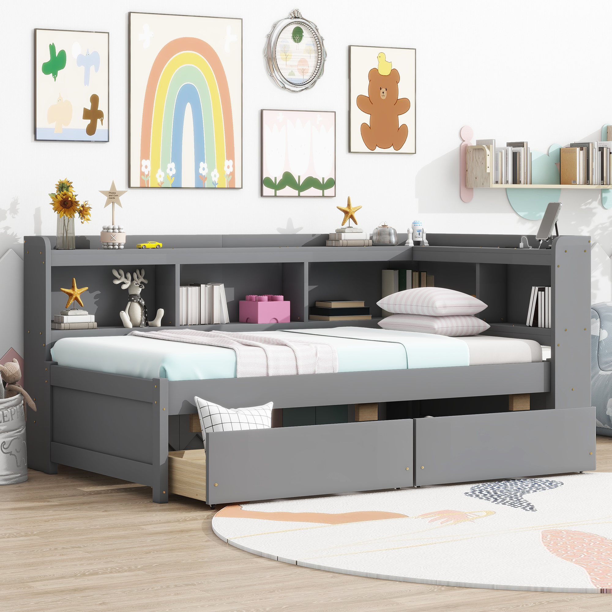 Twin Size L-Shaped Bookcases Bed with Power Outlets, USB Charging Ports, Two Drawers 18 Twin Size L-Shaped Bookcases Bed with Power Outlets, USB Charging Ports, Two Drawers