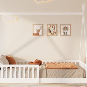 Twin Size Wood House Bed with Fence