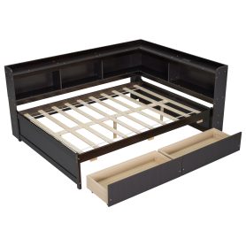 Full Size L-Shaped Bookcases Bed With Power Outlets, USB Charging Ports, Two Drawers