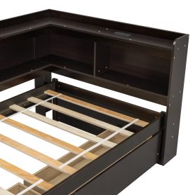 Twin Size L-shaped Bookcases Bed with Power Outlets, USB Charging Ports,Two Drawers