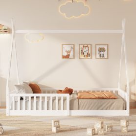 Twin Size Wood House Bed with Fence