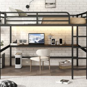 Metal Queen Size Loft Bed With Power Outlet And LED Lighted, Space-saving, Noise Reduced