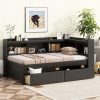 Twin Size L-shaped Bookcases Bed with Power Outlets, USB Charging Ports,Two Drawers