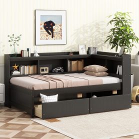 Twin Size L-shaped Bookcases Bed with Power Outlets, USB Charging Ports,Two Drawers