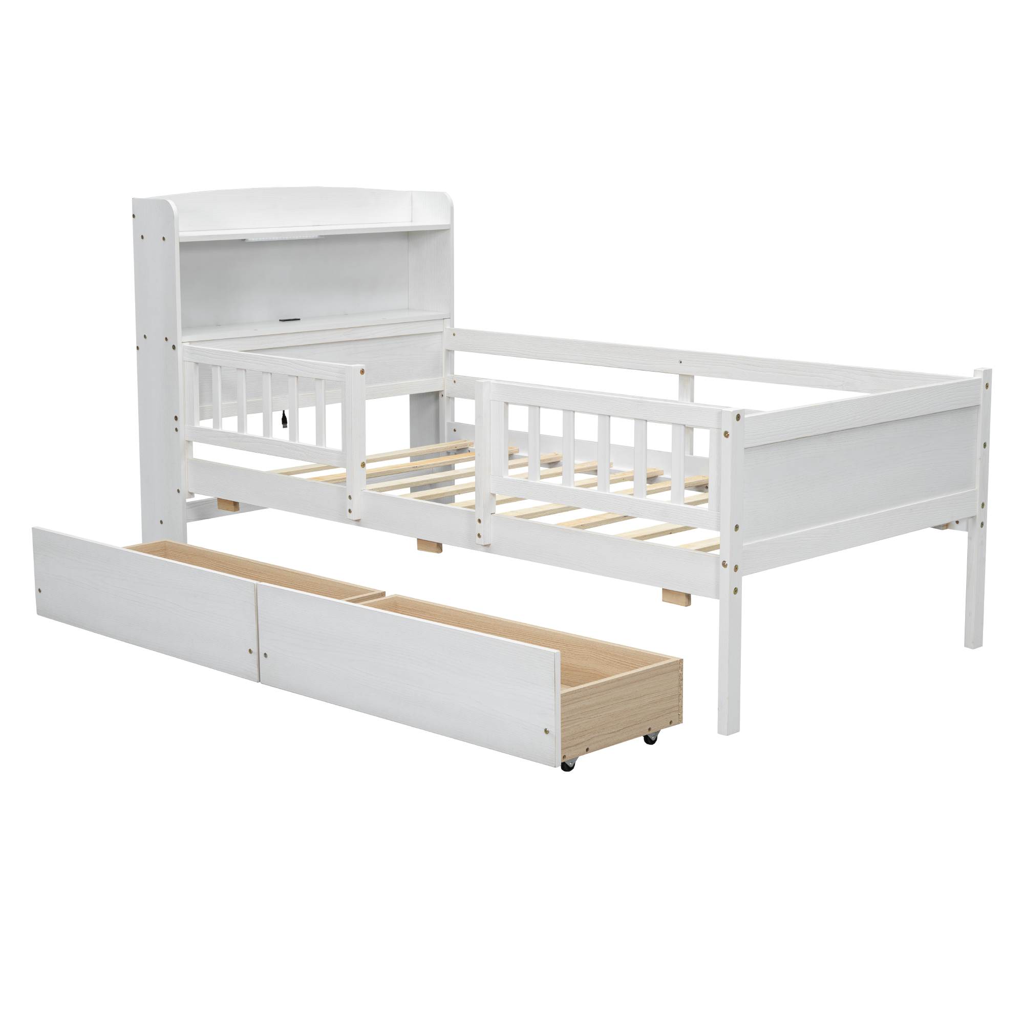 Wood Twin Size Platform Bed With Built-in Led Light, Multi-functional Headboard, Guardrail And 2 Drawers 20 Wood Twin Size Platform Bed With Built-in Led Light, Multi-functional Headboard, Guardrail And 2 Drawers