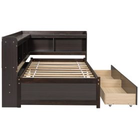 Twin Size L-shaped Bookcases Bed with Power Outlets, USB Charging Ports,Two Drawers