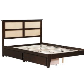 Full Size Platfrom Bed with Rattan Headboard, Two Storage Drawers