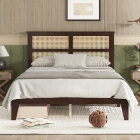 Full Size Platfrom Bed with Rattan Headboard, Two Storage Drawers