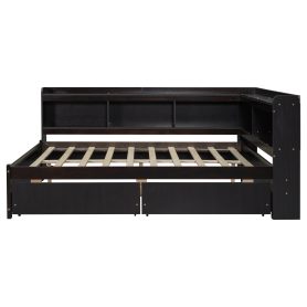 Full Size L-Shaped Bookcases Bed With Power Outlets, USB Charging Ports, Two Drawers