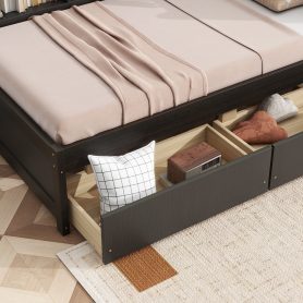 Twin Size L-shaped Bookcases Bed with Power Outlets, USB Charging Ports,Two Drawers