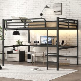 Metal Queen Size Loft Bed With Power Outlet And LED Lighted, Space-saving, Noise Reduced